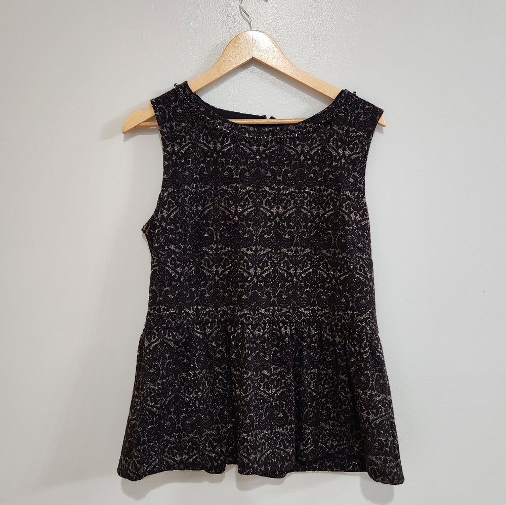 TALBOTS Black Silver Metallic Wool blend Sleeveless Peplum top, Size Medium